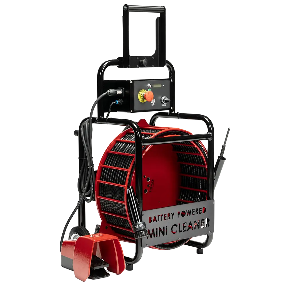 Vooraanzicht van de Picote Battery Super Mini Cleaner, professionele snoerloze rioolreiniger voor snelle en krachtige reiniging van afvoerleidingen op accu.
