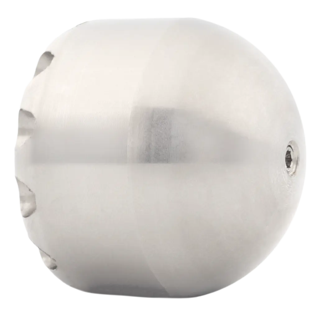 Vooraanzicht van de 1/2 inch Button ontstoppingskop met 12 strategisch geplaatste spuitopeningen.