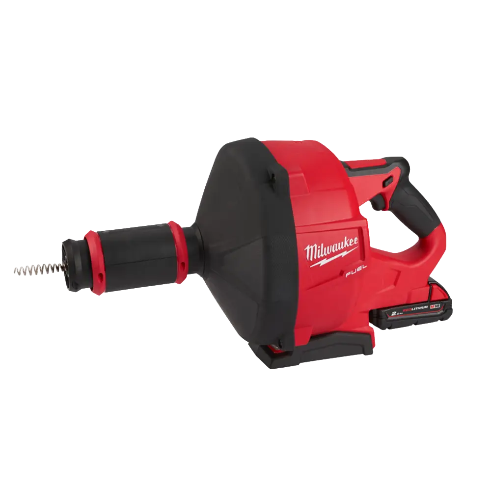 Zijaanzicht van de Milwaukee M18 FUEL veermachine op accu, compacte en ergonomische ontstoppingsmachine voor nauwe ruimtes.
