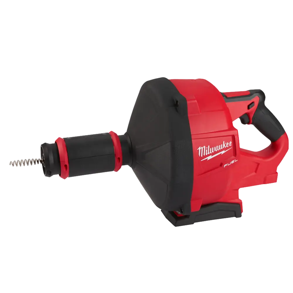 Schuinaanzicht van de Milwaukee M18 FUEL rioolreinigingsmachine met 8 mm spiraal, compacte accu-ontstoppingsmachine voor snelle en schone rioolreiniging.