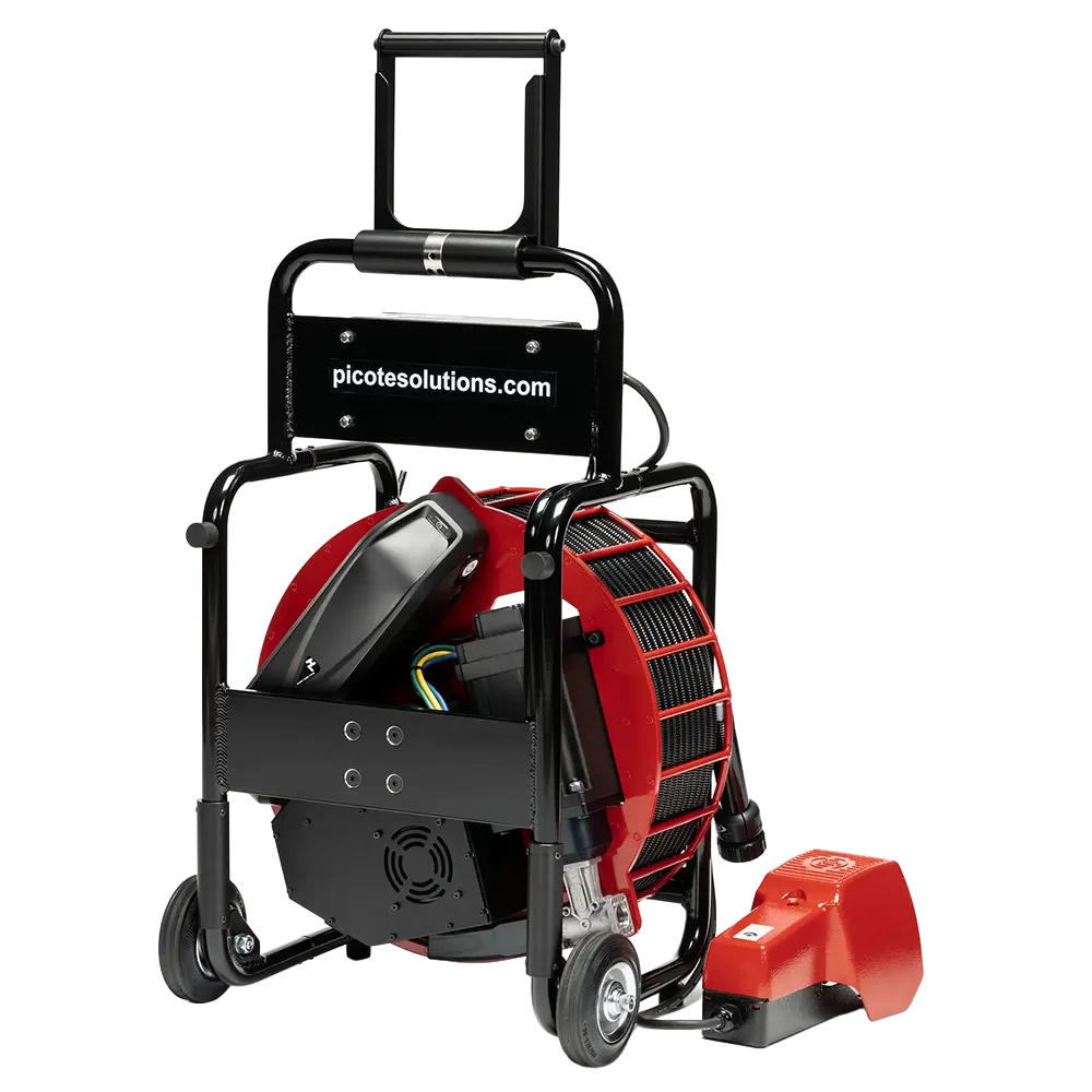 Achterzijde van de Picote Battery Super Mini Cleaner high-speed cleaner, compacte machine ontworpen voor optimale mobiliteit en gebruiksgemak in de rioolservice.