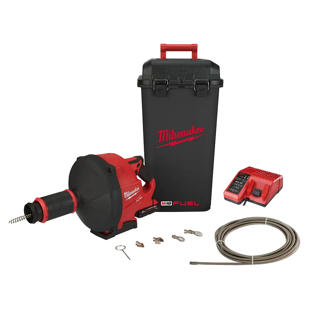 Complete set van de Milwaukee M18 FUEL ontstoppingsmachine inclusief M18 batterij, snellader en robuuste opbergdoos voor transport.