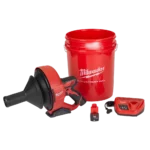 Complete set van de Milwaukee M12 ontstoppingsmachine inclusief M12 accu, lader en beschermende opbergtrommel.