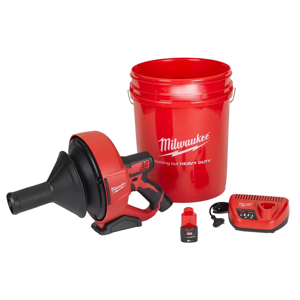 Complete set van de Milwaukee M12 ontstoppingsmachine en Elektrische Verenmachine inclusief M12 accu, lader en beschermende opbergtrommel.
