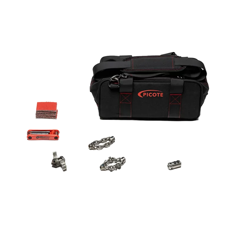 Complete Picote Starter Kit voor DN50 leidingen met een 8mm as; bevat diverse freeskettingen en borstels voor een professionele start met rioolreiniging.