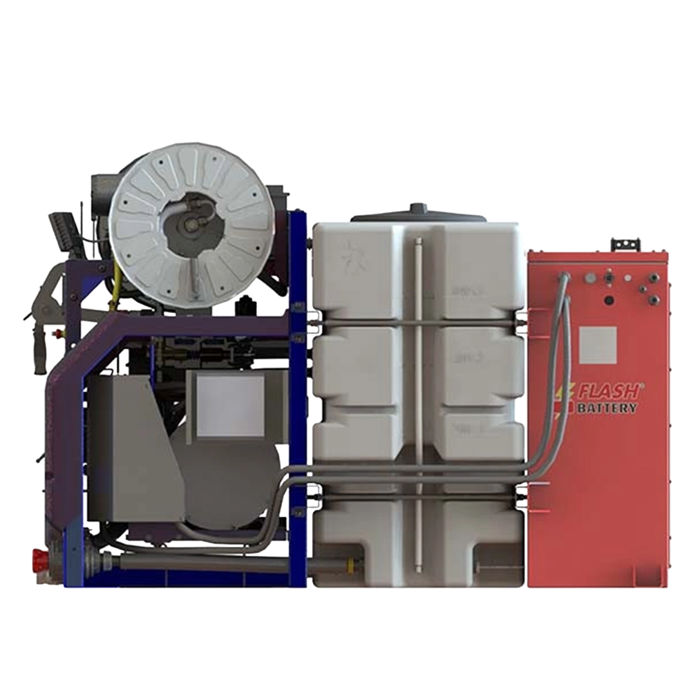 Zijaanzicht van de SALMON Electric high-speed cleaner, waarbij de compacte bouw en het robuuste metalen frame met transportwielen goed zichtbaar zijn.