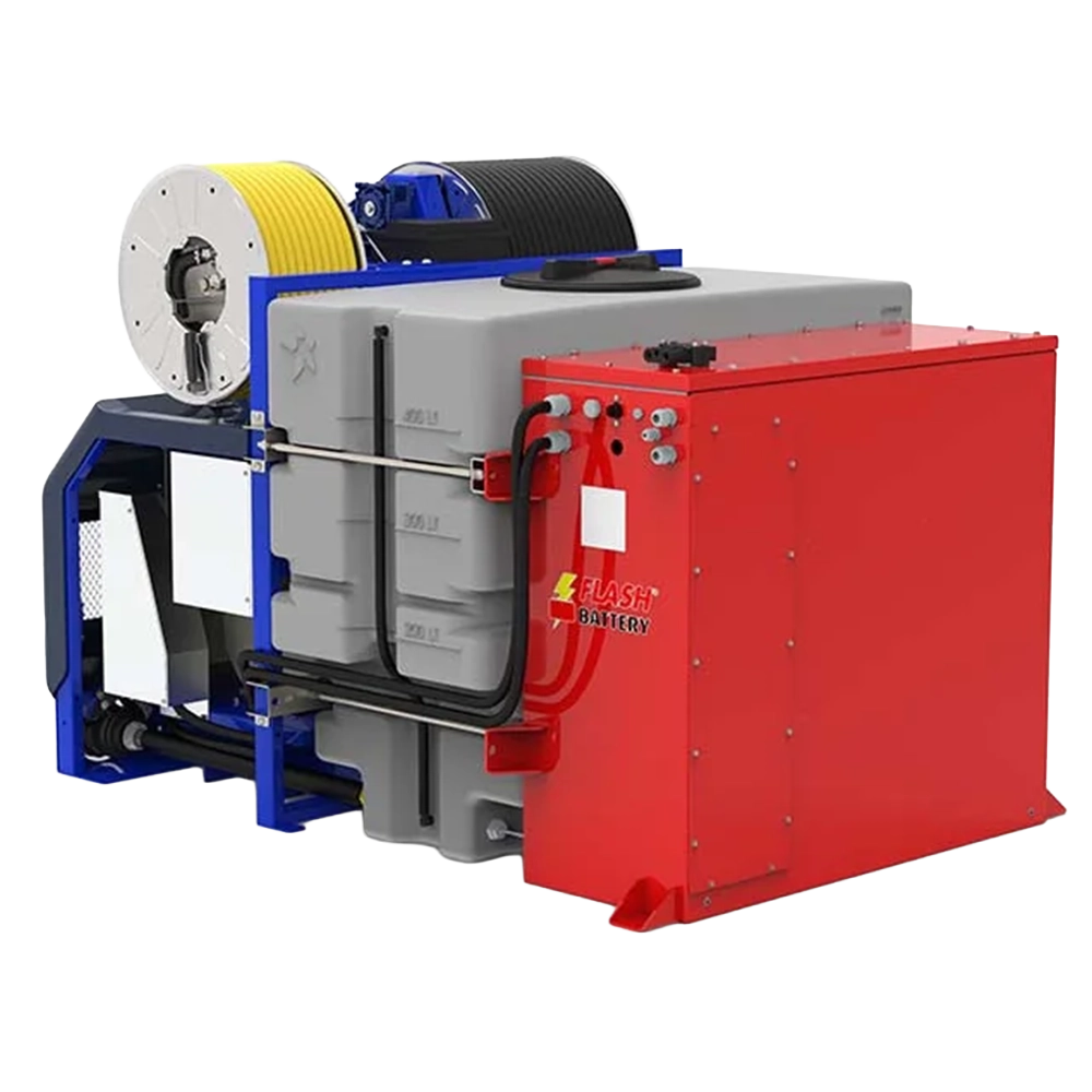 Achteraanzicht van de SALMON Electric ontstoppingsmachine, met focus op de behuizing van de krachtige 230V elektromotor en de stroomkabel-aansluiting.