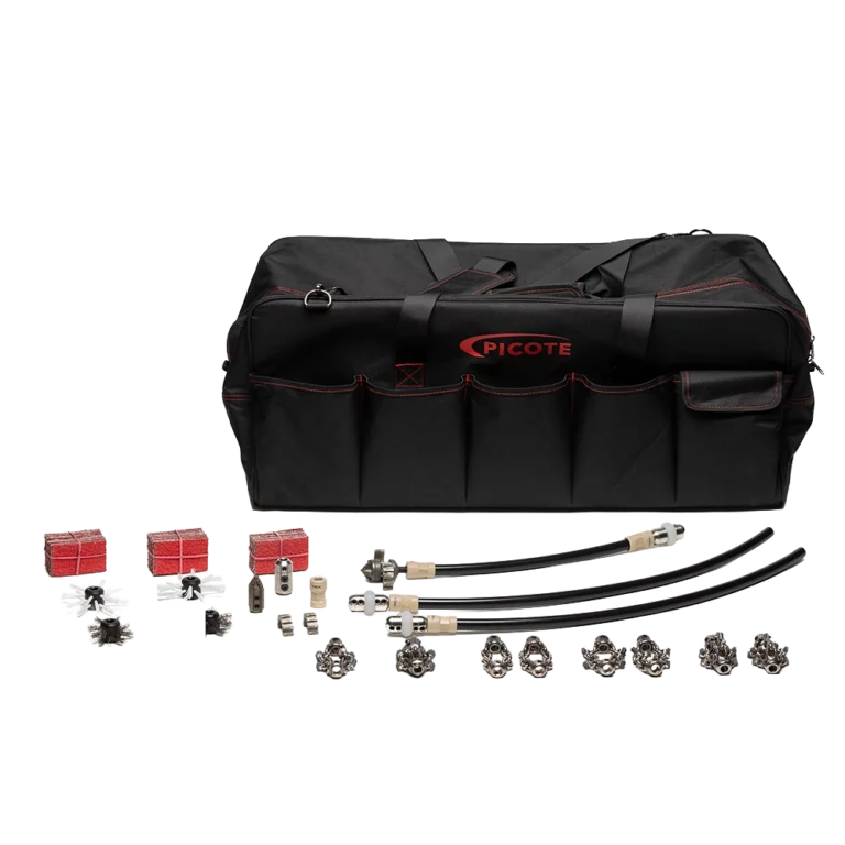 Picote Pro Cleaning Kit voor DN50 leidingen met 8mm as; inclusief gespecialiseerde borstels en schuurpads voor keuken- en badkamerafvoeren.