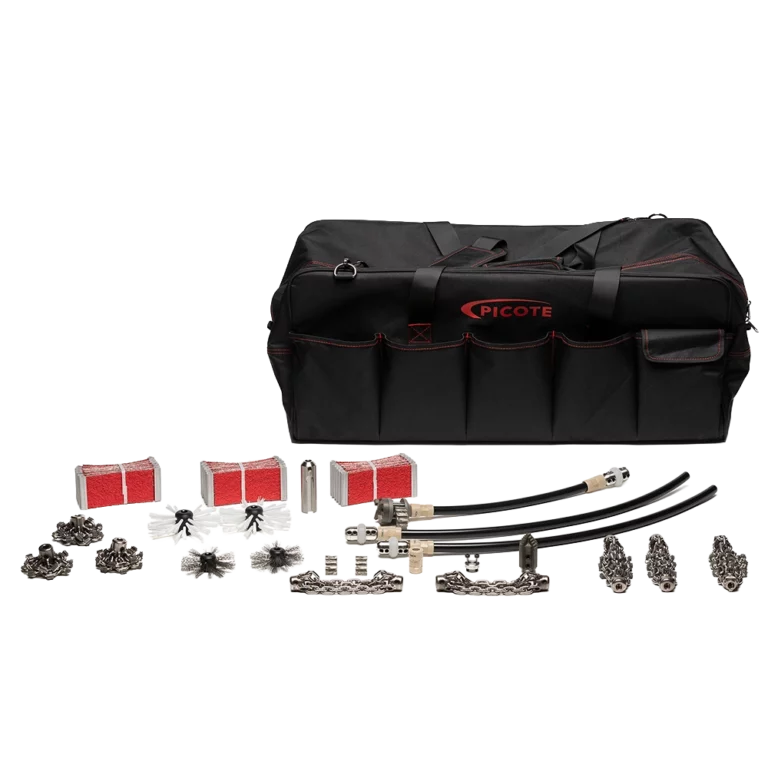 Picote Pro Cleaning Kit voor DN70 leidingen met 8mm as; de professionele set voor het grondig reinigen van verticale standleidingen en verzamelleidingen.