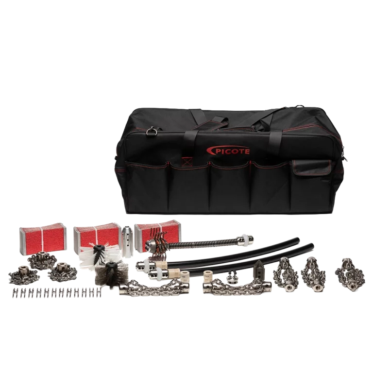 Picote Pro Cleaning Kit voor DN100 leidingen met 12mm as; essentieel voor wand-tot-wand reiniging en optimale voorbereiding op rioolrenovatie.