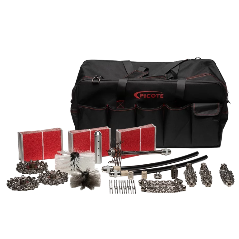 Picote Pro Cleaning Kit voor DN150 leidingen met 12mm as; inclusief grote schuurschijven en borstels voor zware industriële reinigingsklussen.