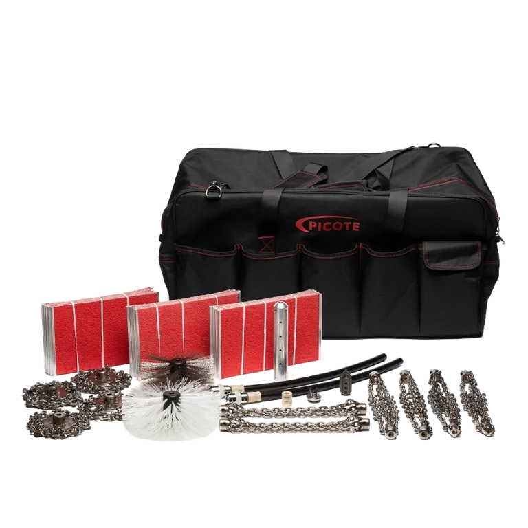 Picote Pro Cleaning Kit voor DN200 leidingen met 12mm as; de meest complete set voor het polijsten en reinigen van grote hoofdriolen.
