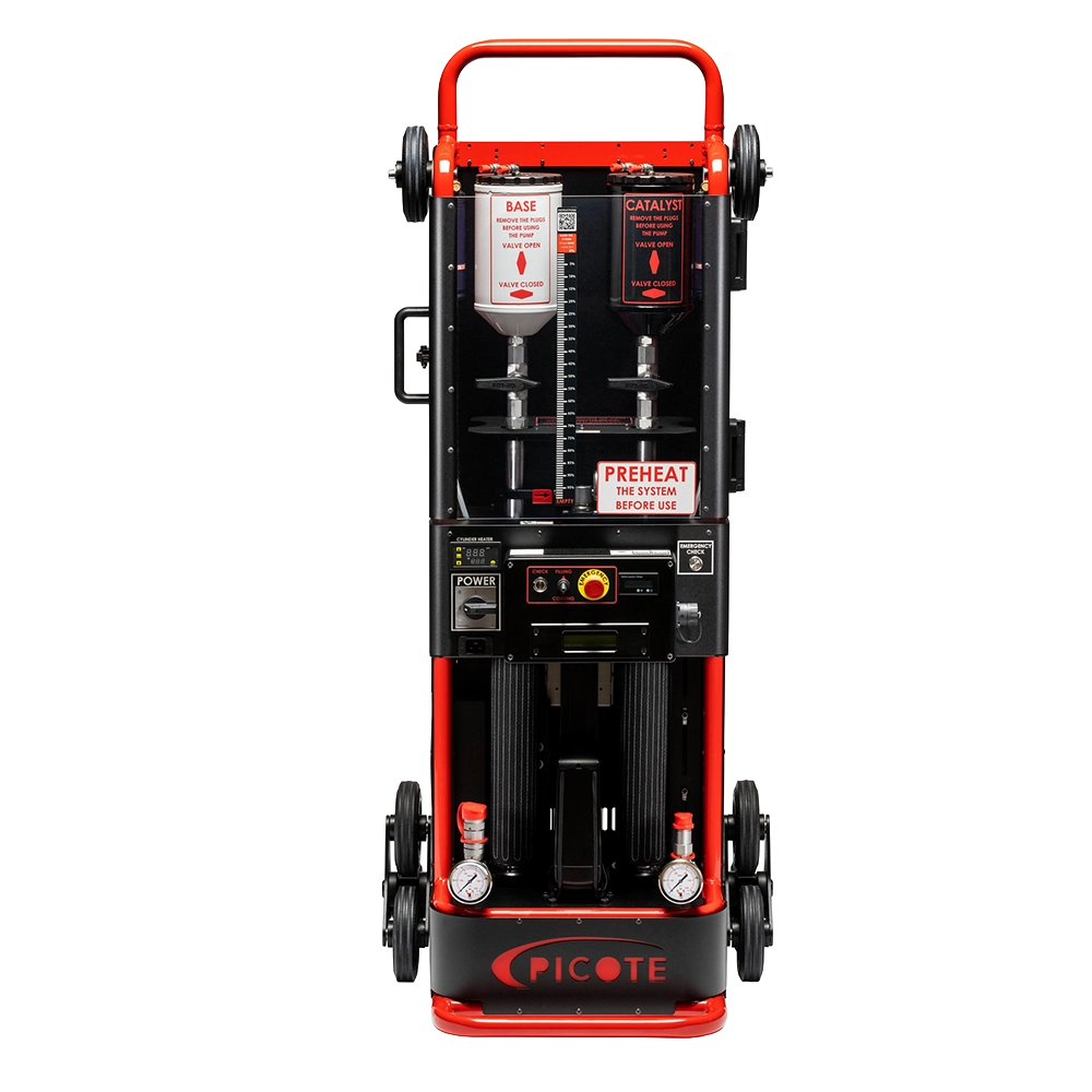 Picote Xpress 2.0 mobiel coatingsysteem met gemotoriseerde haspel en hydraulische harscilinders.