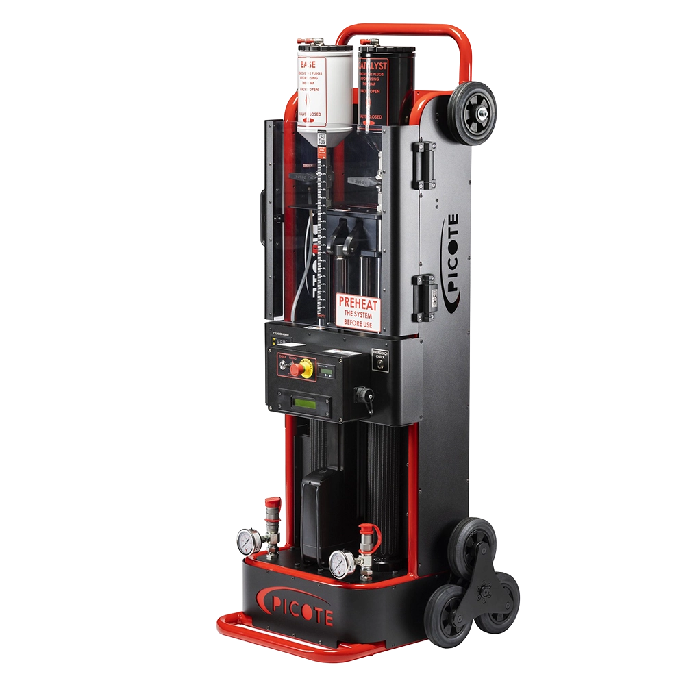 Picote Xpress 2.0 mobiel coatingsysteem met gemotoriseerde haspel en hydraulische harscilinders.